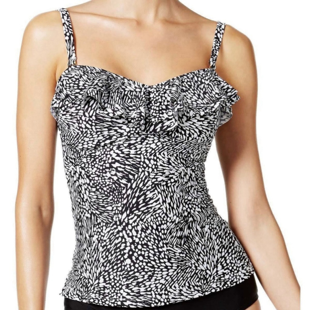 ISLAND Escape Tahiti Bandini Tankini Swim Top Sz 10 Black & White with Ruffle